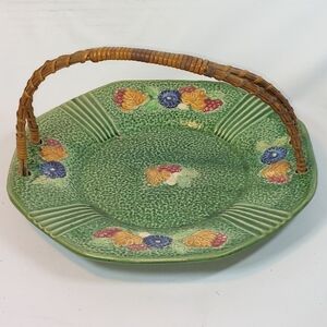 Vintage Rattan Handled Ceramic Plate Green and Fall Leaf Pattern Made In Japan